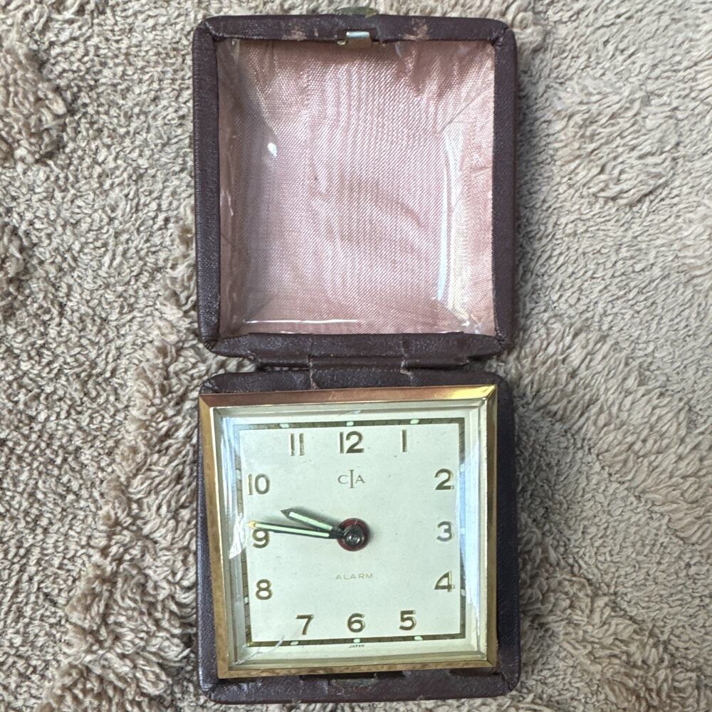 CJA Vintage Mechanical Wind Up Analog Travel Alarm Clock Brown Folding Case